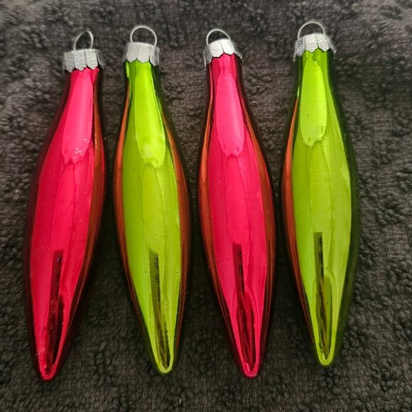 4 Vintage West Germany Christmas Ornaments Red Green Teardrop Mercury Glass Preo - Picture 1 of 5